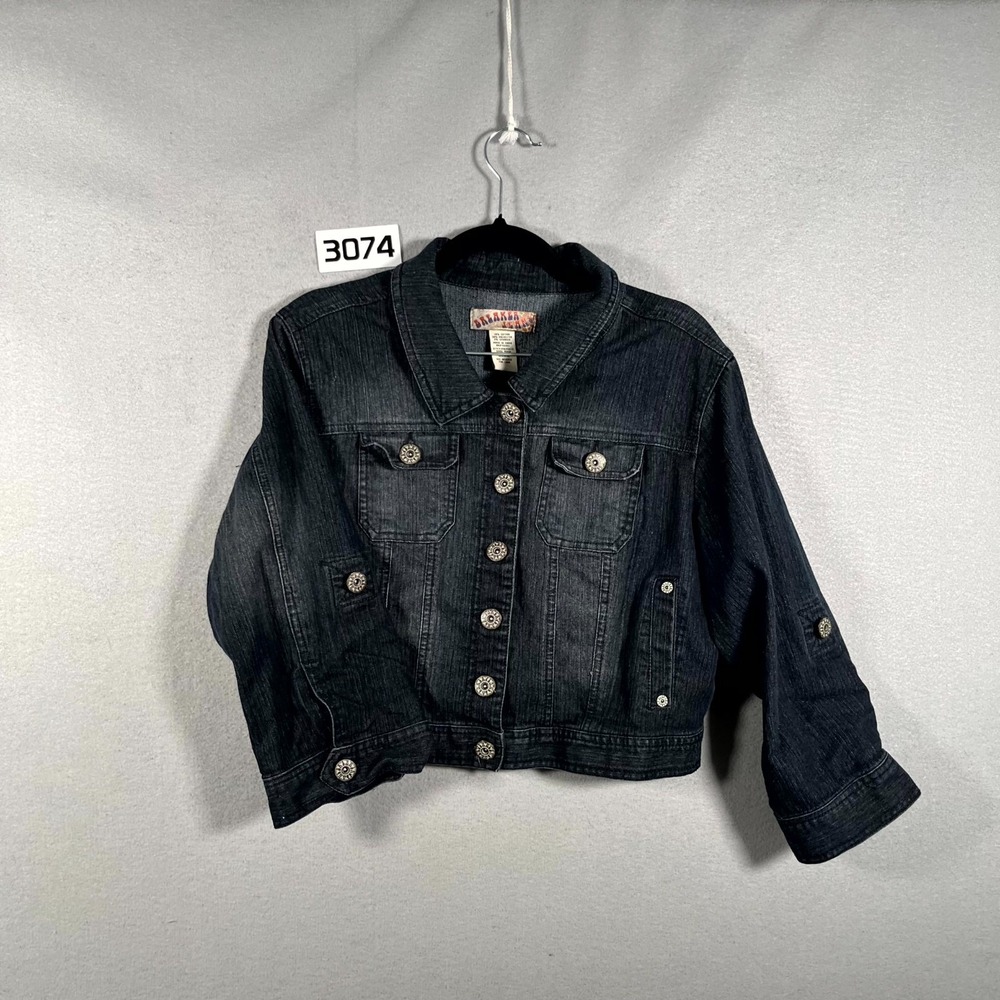 Breaker Jeans Trucker Jacket Womens L Blue Denim Cotton Stretch‎ Roll Tab Sleeve